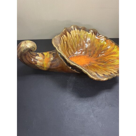 Large Vintage Vase Ceramic Horn Of Plenty Cornucopia MCM Drip Glaze Orange Brown - Picture 3 of 12